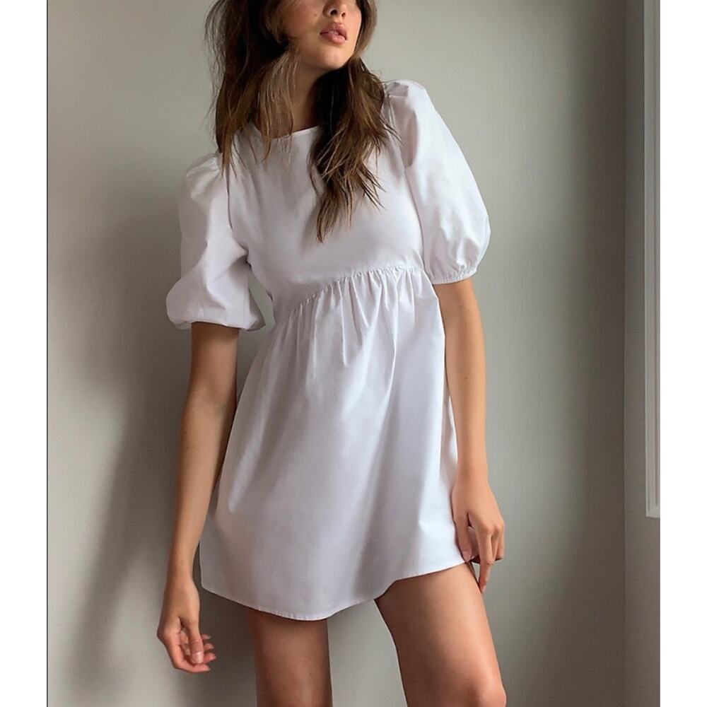Aritzia Sunday Best NWT Saida White Puff Sleeve Back Tie Mini Dress Size Large - Picture 2 of 14